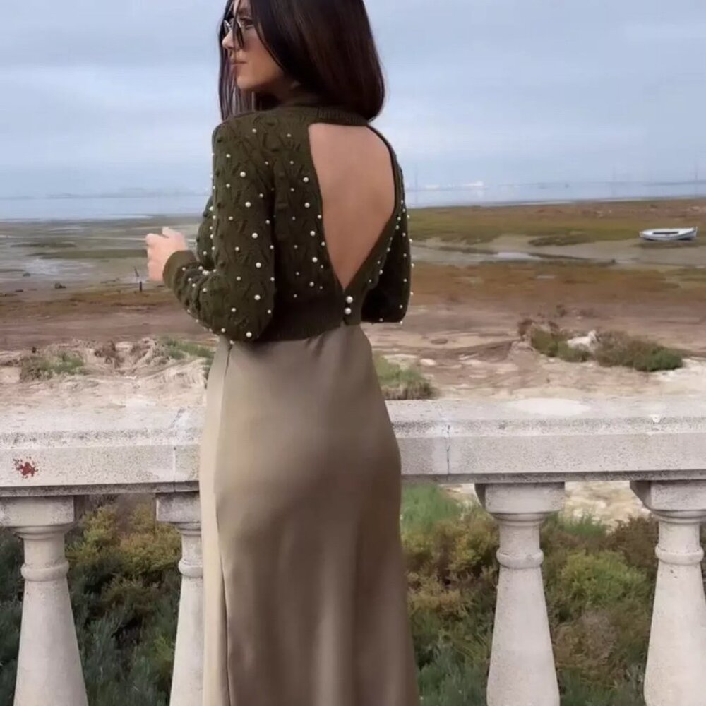 Zara Green Open Back Knit‎ Sweater w/ Pearl Small Holiday Elegant Fun